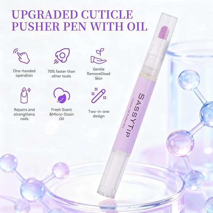 SASSYTIP Cuticle Care Duo: Cuticle Remover Gel & Ceramic Pusher Pen | Instant Dead Skin Removal & Deep Hydration | For Salon-Smooth Nails, Gel & Press-On Prep | 1 fl oz + 2ml Oil Pen (Purple&Gel)