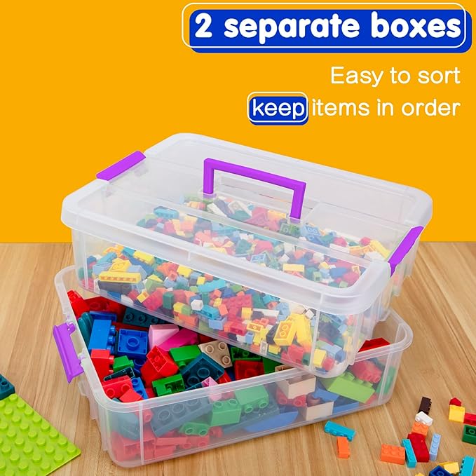 TERGOO 2 Layer Plastic Storage Containers with Lids, Multipurpose Clear Stack & Carry Box, Portable Craft Organizers and Storage Bin for Organizing Art & Craft, Sewing, Makeup, Nail Supplies (Purple)