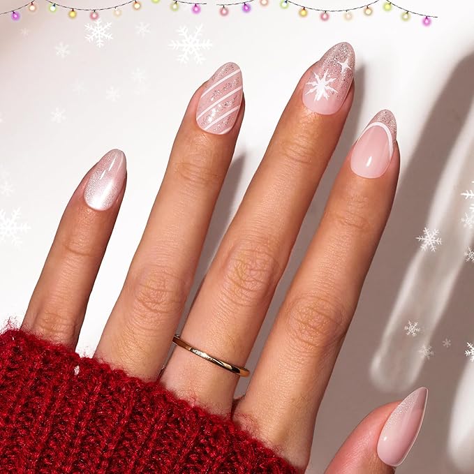 Beetles Christmas Press On Nails - Christmas Snow | Short Almond Press On Nails | 32Pcs 16 Sizes Natural Salon Quality Nail Tips With Quick-drying Nail Glue For Women