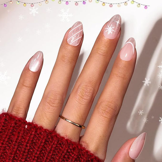 Beetles Christmas Press On Nails - Christmas Snow | Short Almond Press On Nails | 32Pcs 16 Sizes Natural Salon Quality Nail Tips With Quick-drying Nail Glue For Women