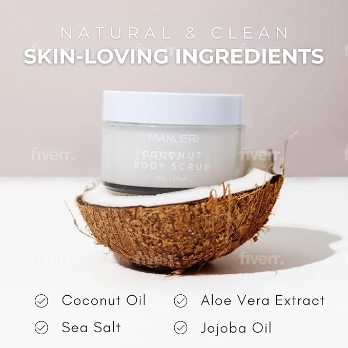Manjeri Skincare Coconut Bliss Body Scrub, Luxurious Exfoliator for Smooth, Soft Skin, Dead Skin Cell Remover, Hydrating and Nourishing Formula
