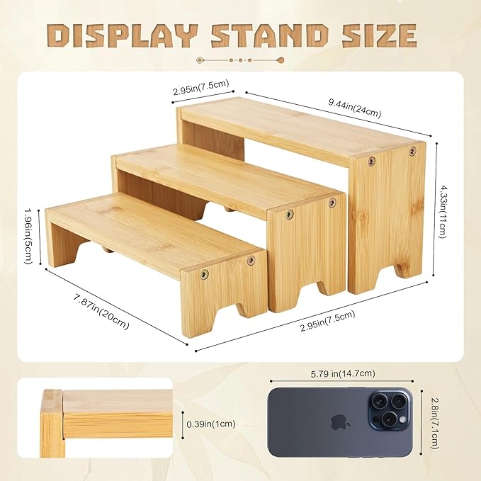 3 Tier Bamboo Display Stand Risers, Independent Shelf with 3 Heights, Natural Bamboo Organizer Stand for Cupcake, Perfume, Cologne, Figurine, Spice, Cosmetic, Tiered Riser Rack for Table Display, Kitchen, Retail, Home Decor