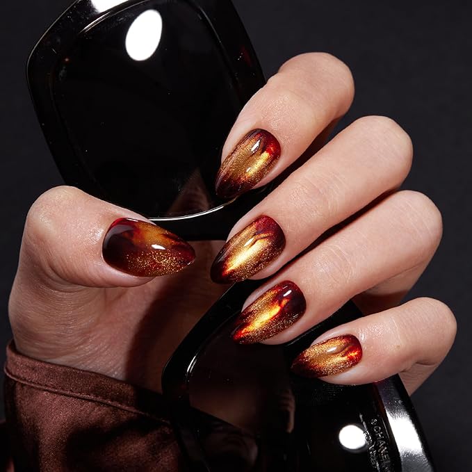 VSALON Press on Nails Short Almond - Golden Spakly Cat Eye Glitter Flame Design, Reusable Opaque Gel Magnetic Effect Fake Nails with Glue & Cuticle Oil - 32 PCS in 16 Sizes Valentines Gift for Women