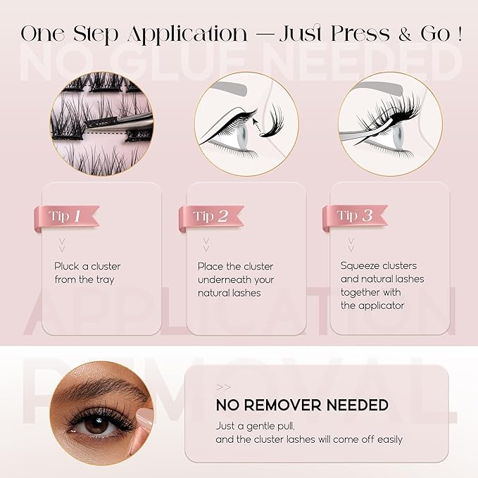 BEFER Self Adhesive Eyelashes Clusters, D Curl 10-16MM Pre Glued Lash Natural Look No Glue No Remover Needed Reusable Lashes Press on Eyelash Clusters Easy for Use DIY at Home(ZE02,Vigor)