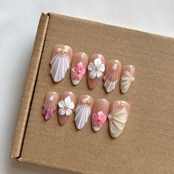 MAGLFELL Press On Nails Medium Length Almond Shape False Nails, Handmade Acrylic Gel Fake Nails with Art Designs, Reusable 10 Pcs 3D Nails for Women DIY Manicure Kit (Size L)