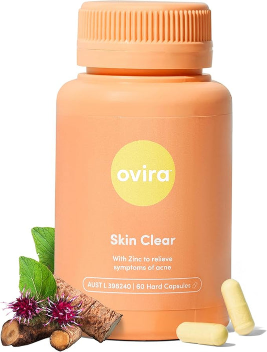 Ovira Skin Clear with ZINCBRIGHT - 60 Capsules for Clear & Glowing Skin | Rosacea & Hormonal Acne Treatment with Vitamin C | Support Collagen Production | Acne Supplements for Women & Men - Pack of 1