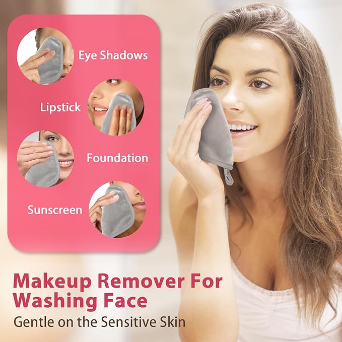 Natwag Makeup Remover Cloth, 6" x 6" Make Up Towels Reusable Face Cloth for Washing Face, 12 Pack Makeup Remover Pads Microfiber Face Washcloth with Mesh Bag, Light Grey