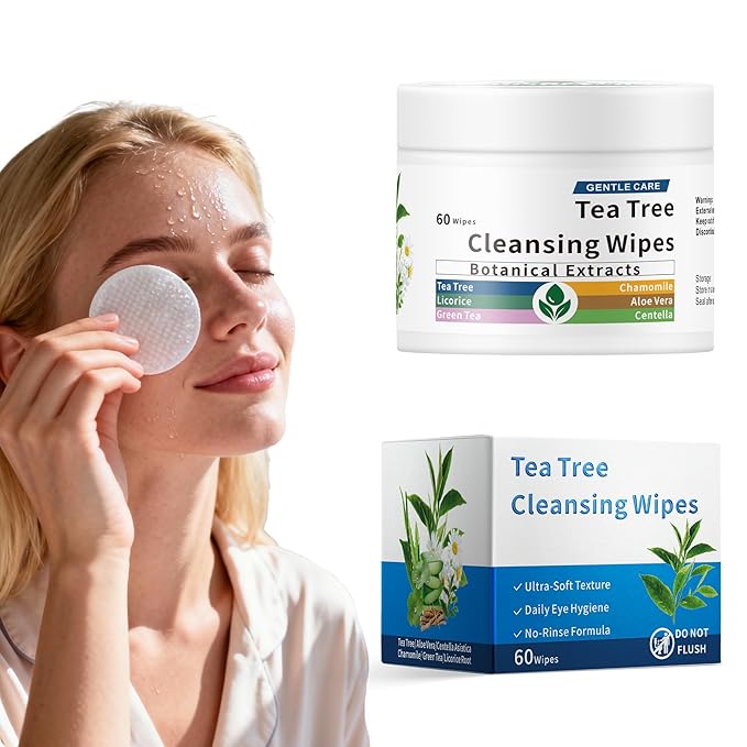 60 Pcs Tea Tree Oil Eyelid & Lash & Face Cleansing Wipes l Eyelid Pads For People Blepharitis & Chalazion & DryEyes & Stye Eye Treatment, Eyelash Makeup Remover & Daily Eye Lid Pads, Cleaning Wipes