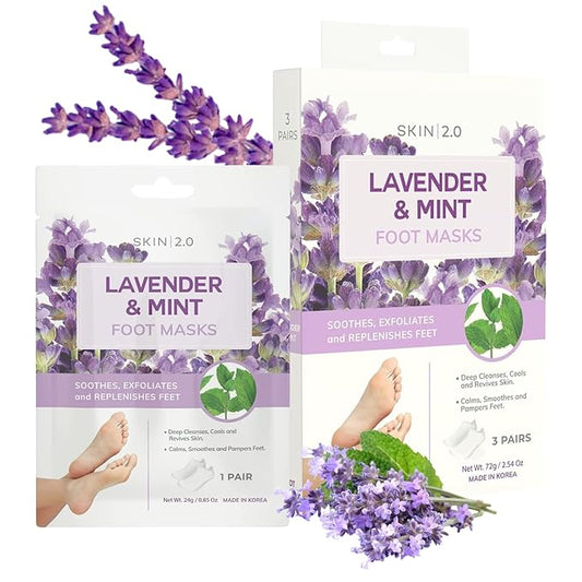 Skin 2.0 Lavender & Mint Foot Masks - Relieves Swollen Feet, Removes Odor, Relaxing & Hydrating - Dermatologist Tested Korean Skincare - Clean Beauty, Cruelty-Free, All Skin Types - 3 Pairs
