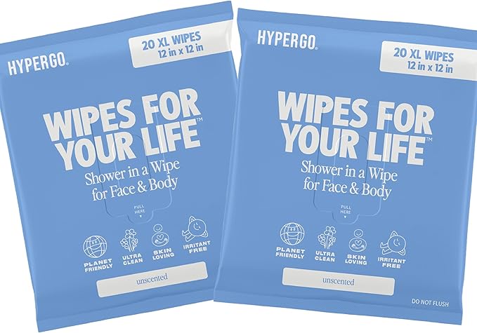 HyperGo XL Body Wipes for Women & Men – 12" x12" Rinse-Free Full Body Cleansing Wipes 2-20 Count Packs - Unscented | Biodegradable, Hypoallergenic, Aloe-Infused | Gym, Festival, Camping Essentials