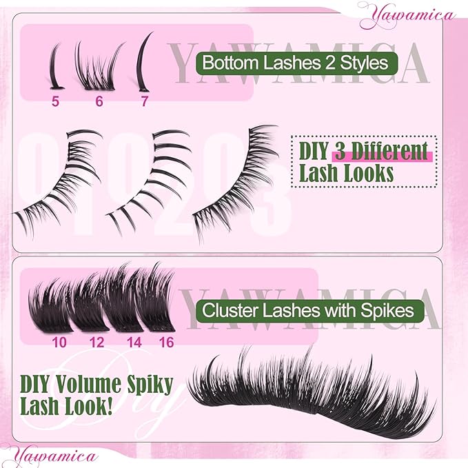 Yawamica Volume Lash Clusters with Bottom Lashes Wispy Eyelash Clusters Built in Spikes 10-16mm Fluffy Cluster Lashes D Curl Individual Lashes with 5-7mm Bottom Lash Extension DIY Spiky Salon Lash