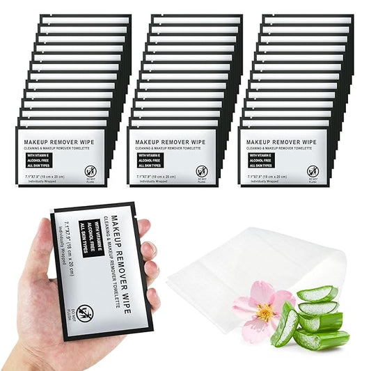 Individual Makeup Remover Wipes Bulk - Pack of 100,Black Individually Wrapped Face Cleansing Wipes Travel Size for Mascara,Lipstick,Skin Care,Hotel Toiletries