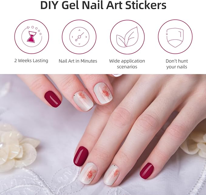 DUKASOU Semi Cured Gel Nail Strips, 56Pcs Fall Gel Nail Stickers/Wraps, Long Lasting UV Nail Polish Strips for Adults（Red+Wine Red）