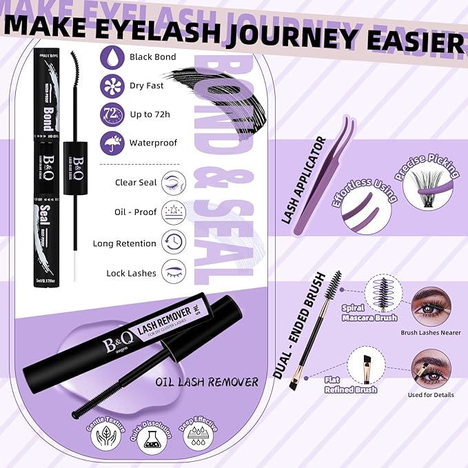 B&Qaugen Eyelash Extension Kit with Bottom Lash Extension 10-18mm 70D D Curl Lash Clusters Kit with Bottom Lashes DIY Lash Extension Kit Bond and Seal Lash Applicator (Kit-70D-D-MIX10-18)