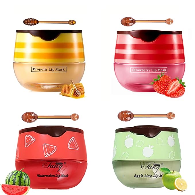 4 PCS Bee Lip Balm Honey Pot,Propolis Lip Mask Moisturizing,Reduces Lip Lines,Sleeping Lip Balm Prevention Dry and Cracked, Lip Scrubs Exfoliator (Honey & Strawberry & Watermelon & Apple Lime)