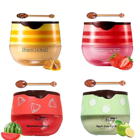 4 PCS Bee Lip Balm Honey Pot,Propolis Lip Mask Moisturizing,Reduces Lip Lines,Sleeping Lip Balm Prevention Dry and Cracked, Lip Scrubs Exfoliator (Honey & Strawberry & Watermelon & Apple Lime)