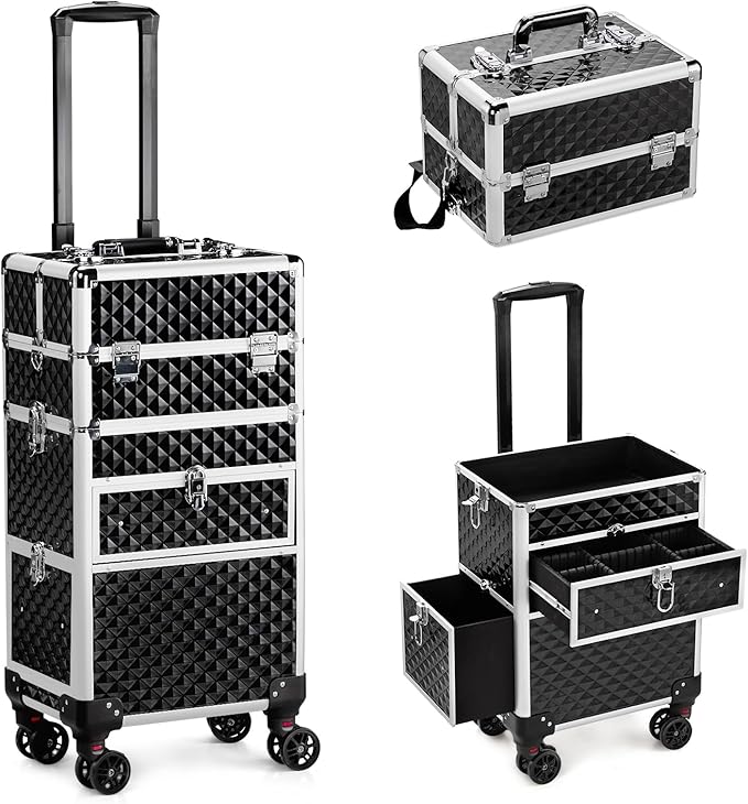 Karl home Rolling Makeup Case with Wheels & 2 Drawers, 3 in 1 Large Capacity Trolley Makeup Travel Case, Professional Cosmetology Lockable Travel Cosmetic Storage Train Cases, Black
