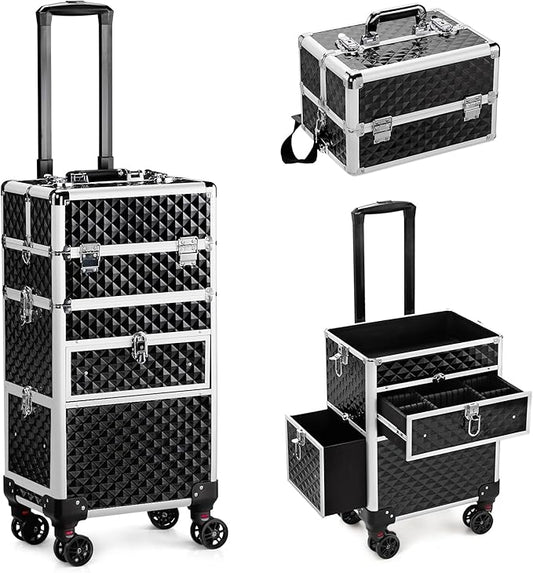 Karl home Rolling Makeup Case with Wheels & 2 Drawers, 3 in 1 Large Capacity Trolley Makeup Travel Case, Professional Cosmetology Lockable Travel Cosmetic Storage Train Cases, Black