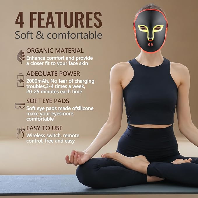 Red Light Therapy Mask for Face,4 Modes LED Face Mask Light Therapy,Acne Removal Wrinkles & Redness Anti-Aging,2000mAh Rechargeable,Wirless Remote,Infrared Photon Facial Mask for Travel Yoga