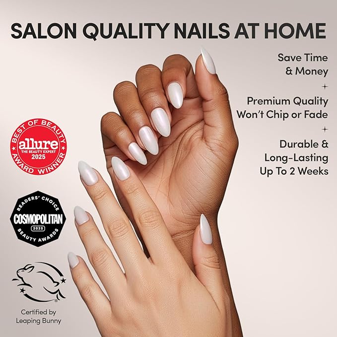 Glamnetic Press On Nails - Hailey | Glossy, Semi-Transparent, Short Almond Nails, Salon Quality | 15 Sizes - 30 Nail Kit with Glue