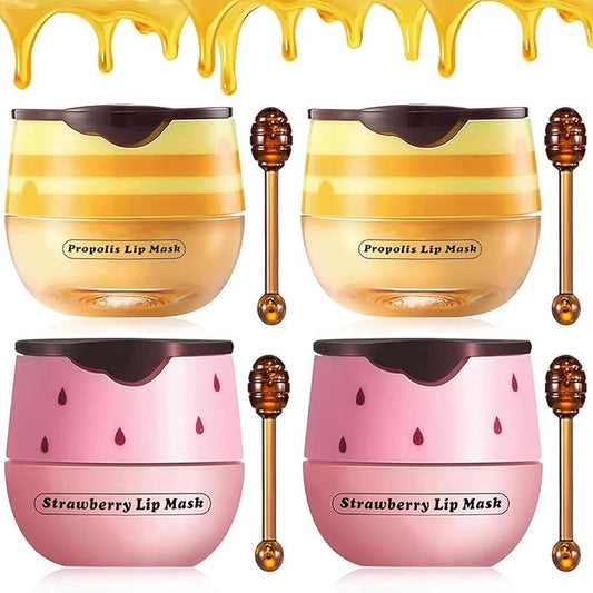 Lip Balm Sleeping Lip Mask, Long-Lasting Nourishing & Moisturizing Lip Night Care Lip Anti-chapped Lip Cream Lip Skin Care (2Pcs Honey & 2Pcs Strawberry)