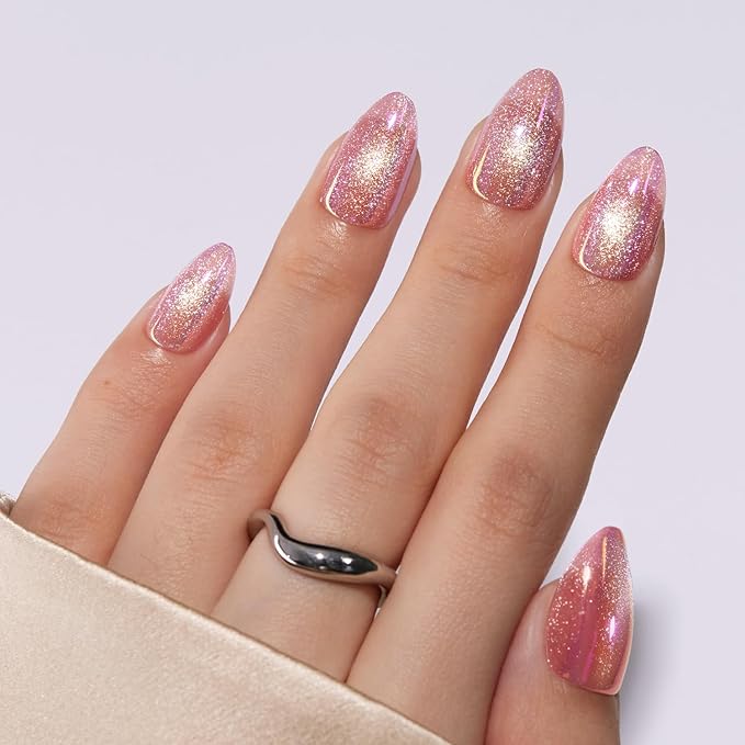 VSALON Press on Nails Short Almond - Pink Cat Eye Pastel Glitter Holographic Fake Nails Kit, Reusable Opaque Gel Chrome Glue on Nails with Glue & Cuticle Oil - Valentines Gifts for Women