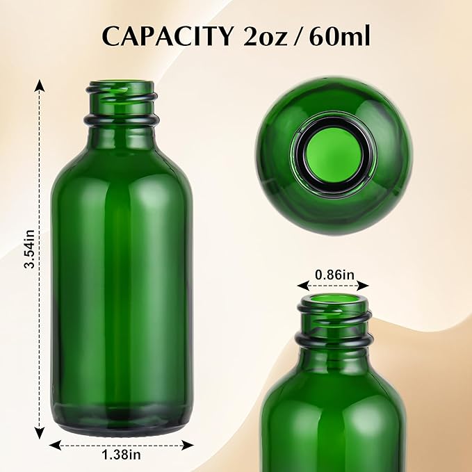 Exlvanto Small Glass Bottles with Lids Boston Round Shot Bottles for Health, Immunity, Ginger Juice, Essential Oils, Potion - Leak Proof Mini Travel Containers (Green UV, 2oz-48Pack)