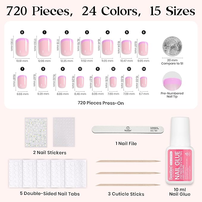 Beetles Press On Nails Kit - Candy Mix | 720Pcs 24 Colors Short Square Press On Nails | 15 Sizes French Glossy Glitter With Nail Glue & Nail Tabs Stickers, Fake Nails Kit Art For Women