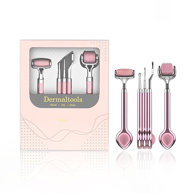 Natural Rose Quartz Facial Roller Set – Skincare Tools Kit with Gua Sha, Derma Roller & Exfoliating Wand – Cooling Face Massage for Refreshed Skin – Luxury Gift Box for Women