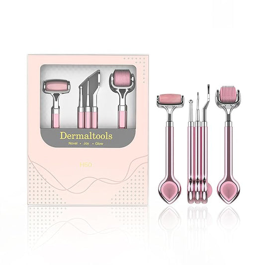 Natural Rose Quartz Facial Roller Set – Skincare Tools Kit with Gua Sha, Derma Roller & Exfoliating Wand – Cooling Face Massage for Refreshed Skin – Luxury Gift Box for Women