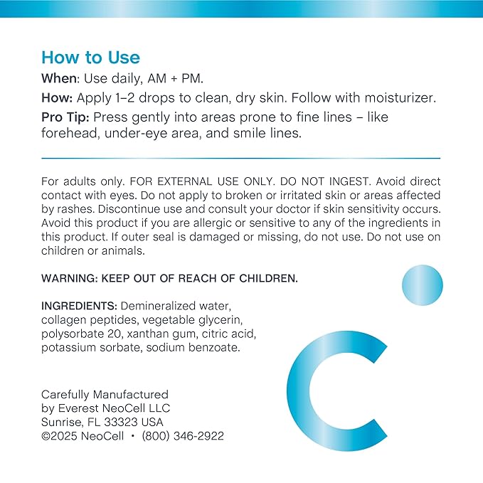 NeoCell Collagen Peptides Serum for Face | 2 fl oz | Advanced Skin Care | Targeted Fine Lines Formula | for Women and Men