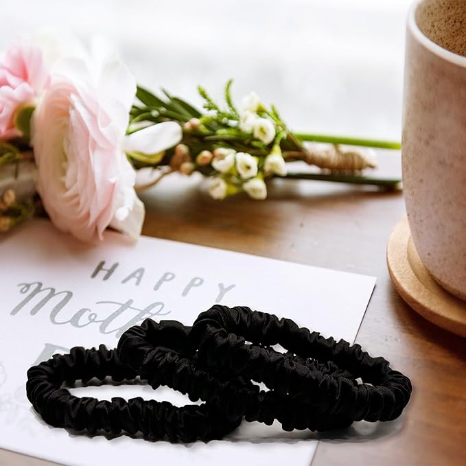 VLOMOT 3 Pcs Set 100% Pure Mulberry Silk Hair Scrunchies Hair Ties with 3 Chic Colors Everyday Skinny Scrunchies Silk Ponytail Holders Hair Care No Damage (Black)