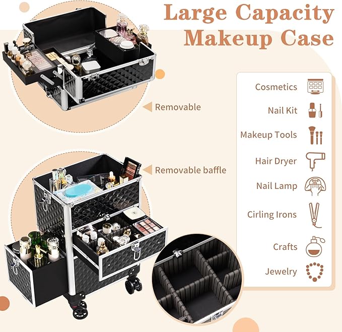 Karl home Rolling Makeup Case with Wheels & 2 Drawers, 3 in 1 Large Capacity Trolley Makeup Travel Case, Professional Cosmetology Lockable Travel Cosmetic Storage Train Cases, Black