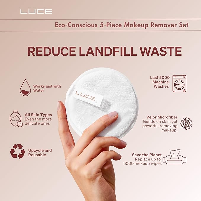 LUCE Lazy Eraser Makeup Remover Pads - Reusable Makeup Remover Pads (White, 5-Pack)