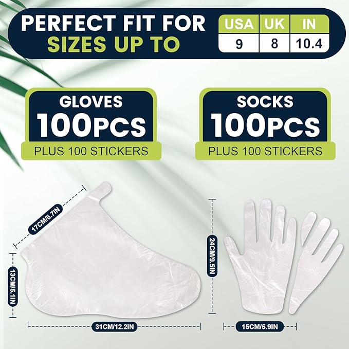 TEAWOO 200PCS Disposable Hand & Foot Mask Set, 100P Hand Masks + 100P Foot Masks with Stickers, Leak-Proof Moisturizing Covers for Paraffin Therapy & at-Home Skin Care (Feet Fit up to US 9)