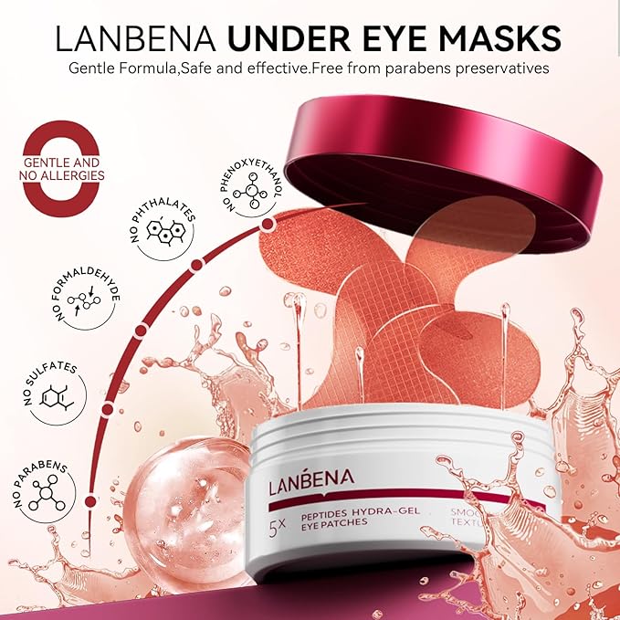 LANBENA Peptides Hydra-Gel Eye Patches for Dark Circles and Puffy Eyes, Reduce Under Eye Bags and Smooth Wrinkles, Anti-Aging, Eye Skin Care Pads With Soluble Collagen and Peptides-30 Pairs