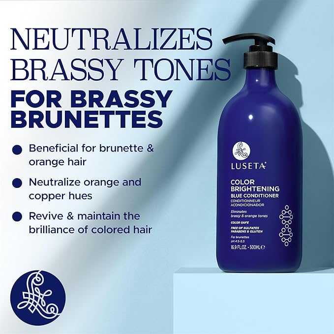 Luseta Blue Shampoo for Brassy and Cool-toned Brunette Color, Color Depositing and Brightening for Treated Hair 16.9oz