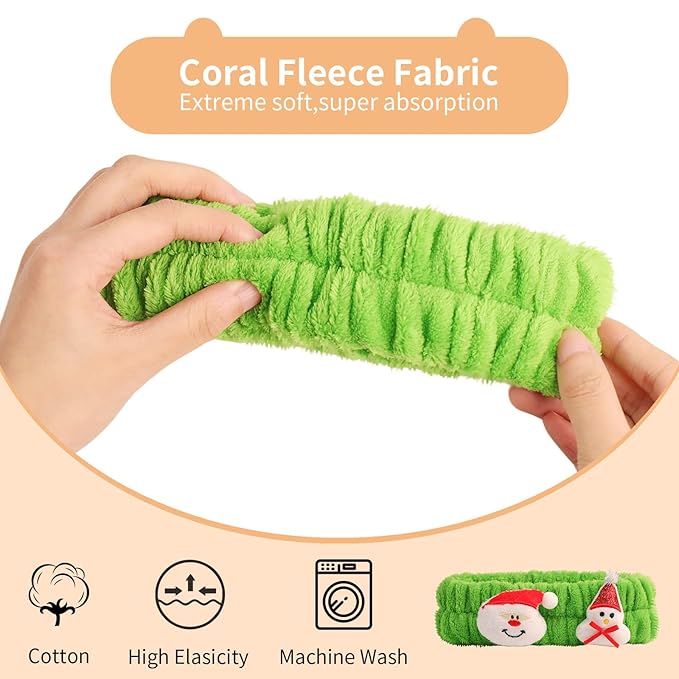 PERFECTSIGHT 2 Pack Cute Animal Headbands for Makeup Wash Shower Adjustable Elastic Hair Band for Girls and Women (Green Christmas)
