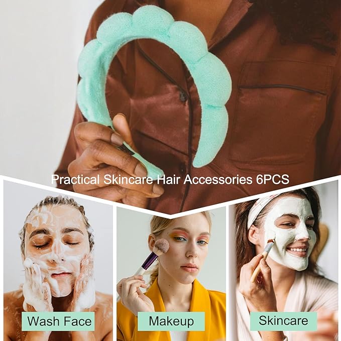 BluOcnMkt 6PCS Spa Headbands for Women Green Skincare Makeup Sponge Headband Set, Large Flower Hair Clip, Elastic Hair