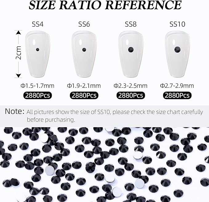 Meibite Black Flatback Rhinestones, Glass Rhinestones for Nail Art and Craft, Glue Fix, Loose Crystal Gemstones(Black, SS8, 2880pcs, 2.3-2.5mm)