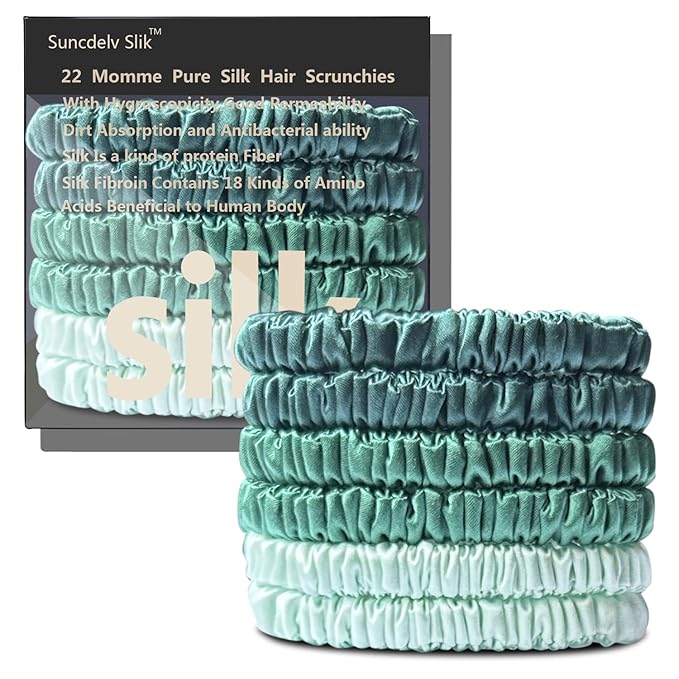 Suncdelv Silk,100% Silk Scrunchies for Hair,22 Momme Hair Ties for Anti-Crease & Breakage,Natural Women Hair Accessories，Fashion Hairbands 6PCS（Green Gradient）