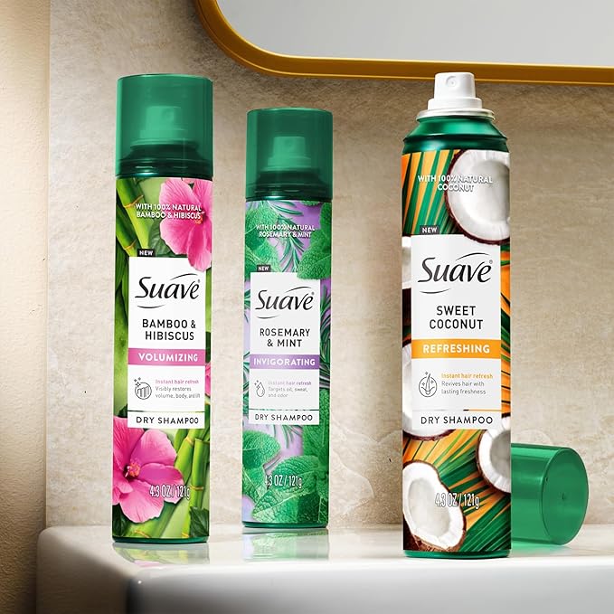 Suave Dry Shampoo Spray Variety 2-Pack – Invigorating Rosemary & Mint, Refreshing Sweet Coconut, 4.3 Oz Ea