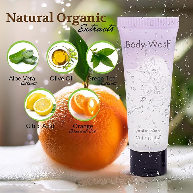 NISGUR Leak-Proof Travel Size Body Wash 1 Oz Each Pack of 200 Bulk Pack Santal and Orange Scent Hotel Body Wash Amenities and Toilteries for Hospitality