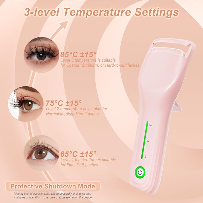 Lilonthy Heated Eyelash Curler, Type-C Rechargeable with 3 Temp Settings & Safe Silicone Pad for Natural Curls, Travel-Friendly (Pink)
