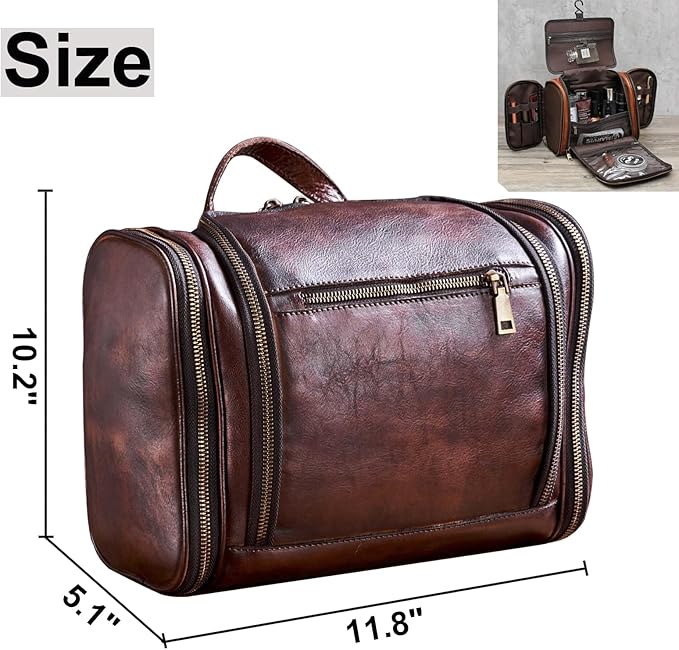 Toiletry Bag For Men, Genuine Leather Toiletries Organizer, Large Travel Hanging Toiletry Bag Water-resistant Bathroom Shaving Kit for Cosmetics, Makeup Case Travel Dopp Kit