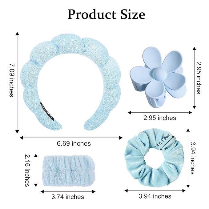 BluOcnMkt 6PCS Skincare Headband Set Blue Spa Makeup Headbands for Women, Large Flower Hair Clip, Velvet Hair Scrunchies