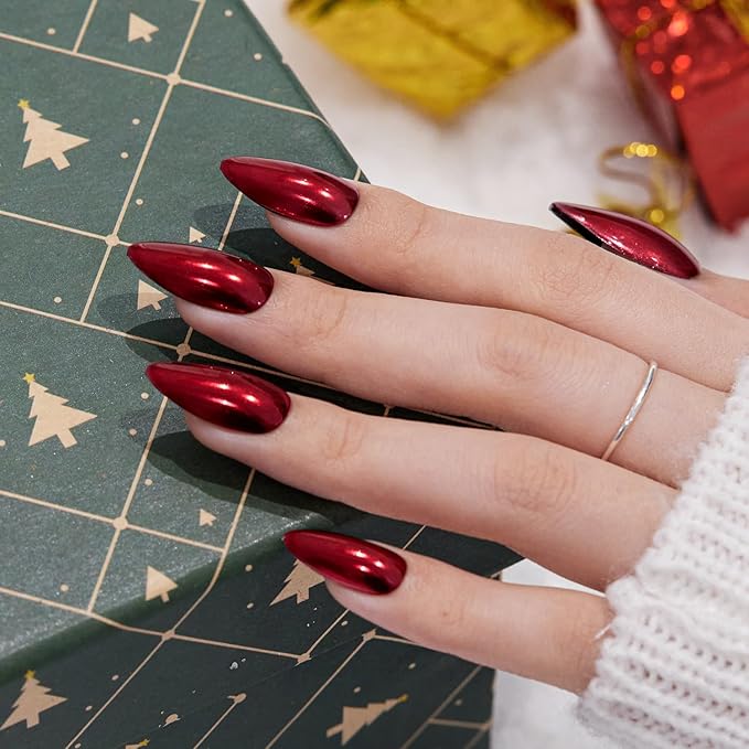 VSALON Press On Nails Almond, 32 Pcs 16 Sizes Red Press On Burgundy Chrome Metallic Medium Fake Nails With Glue & Cuticle Oil, Reusable Stick On Nails False Nails Kit Valentines Gift For Women