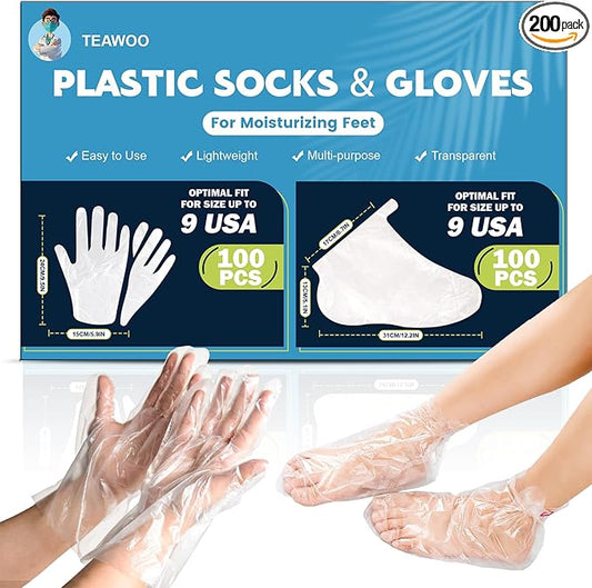 TEAWOO 200PCS Disposable Hand & Foot Mask Set, 100P Hand Masks + 100P Foot Masks with Stickers, Leak-Proof Moisturizing Covers for Paraffin Therapy & at-Home Skin Care (Feet Fit up to US 9)