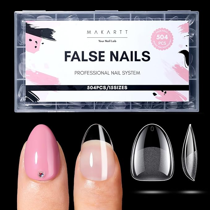Makartt Extra Short Almond Nail Tips: 504PCS, 15 Sizes, Half Matte, Clear Artificial Fake Nails Almond Shapes - Full Cover Soft Acrylic Press On Nail Extensions Supplies Salon and DIY at Home