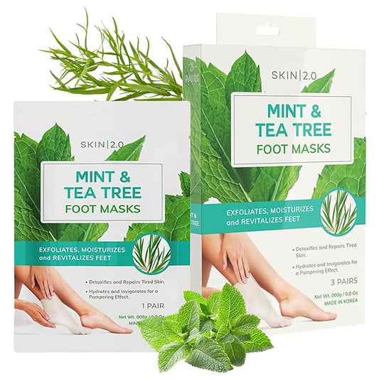 Skin 2.0 Tea Tree & Mint Foot Masks - Fights Athlete's Foot, Detoxifies & Exfoliates, Cooling & Relaxing - Dermatologist Tested Korean Skincare - Clean Beauty, Cruelty-Free, All Skin Types - 3 Pairs